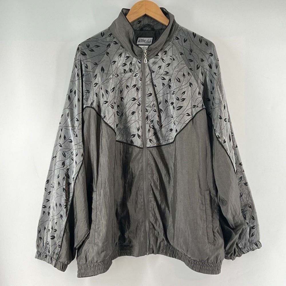 Vtg 80s 90s Windbreaker Jacket 3X Plus Grey Silver Metallic Nylon Retro Print